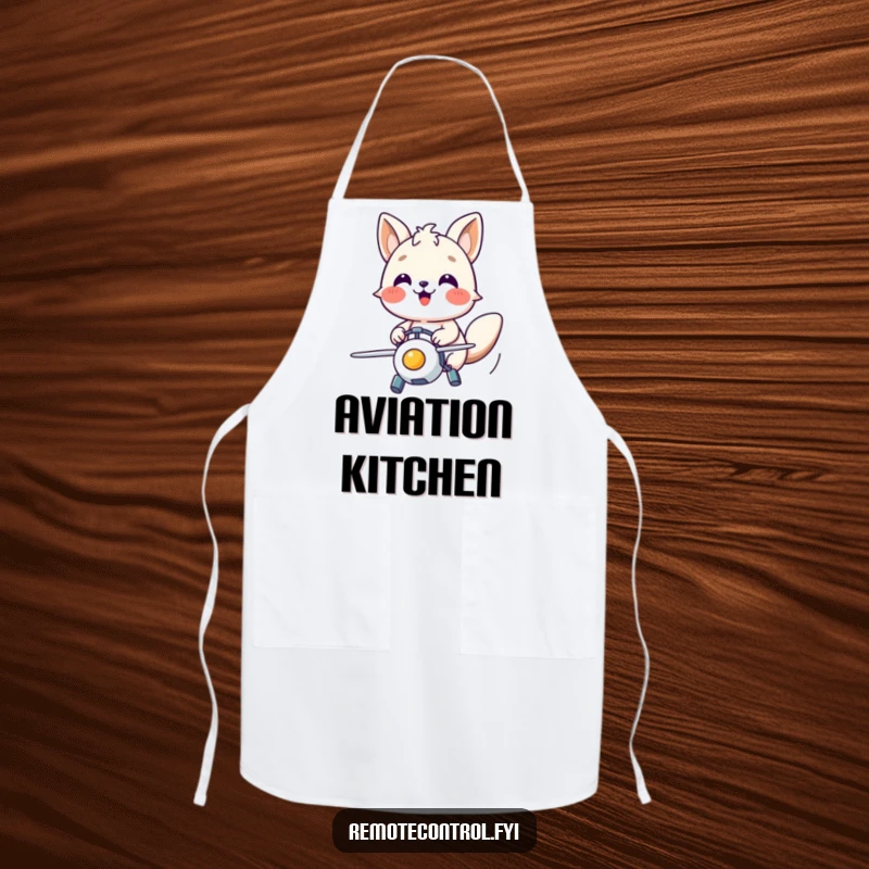 Funny apron showing a happy animal character with focused joy, controlling a flying toy as if overseeing kitchen tasks.