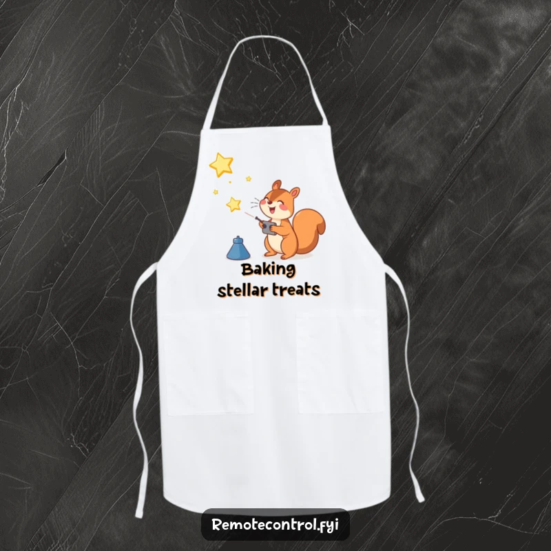 Funny Squirrel Apron: Joyful squirrel character using a remote control to launch a shining star into the sky, ideal for a cook with big ideas.