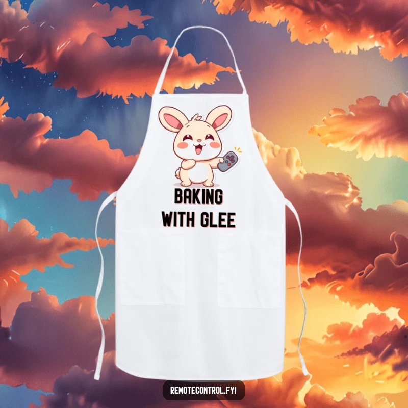 Funny Rabbit Remote Apron depicting a giggling rabbit with wide eyes, enthusiastically pointing a remote, ready for kitchen fun.