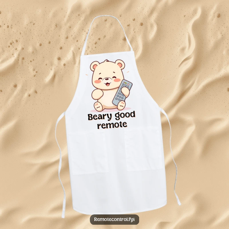 Funny bear cub apron featuring a cub joyfully wielding a remote, perfect for kitchen chaos and laughs.