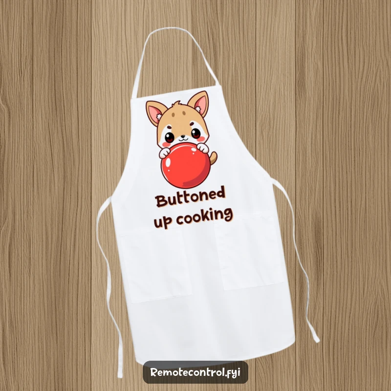 Funny Kitchen Apron: Cute Animal Character Eagerly Pressing a Large Red Button, Protective and Humorous.