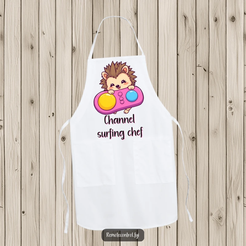 Funny hedgehog character enthusiastically pressing a button on a remote control while wearing a cute chef apron.