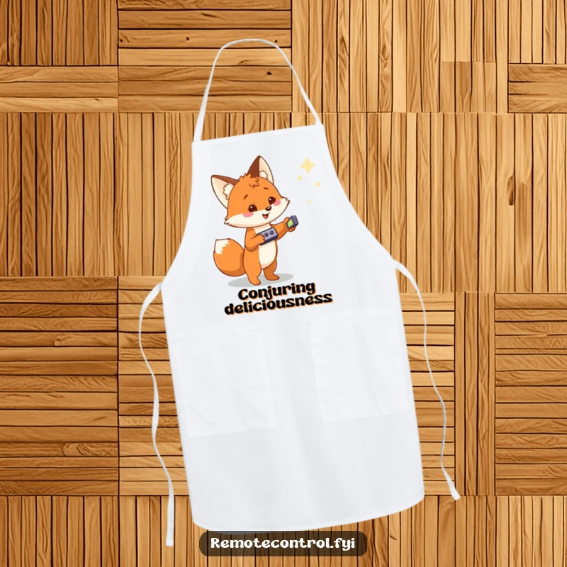 Funny apron showing a cheerful fox holding a remote, pointing at a magical object, a humorous kitchen accessory.