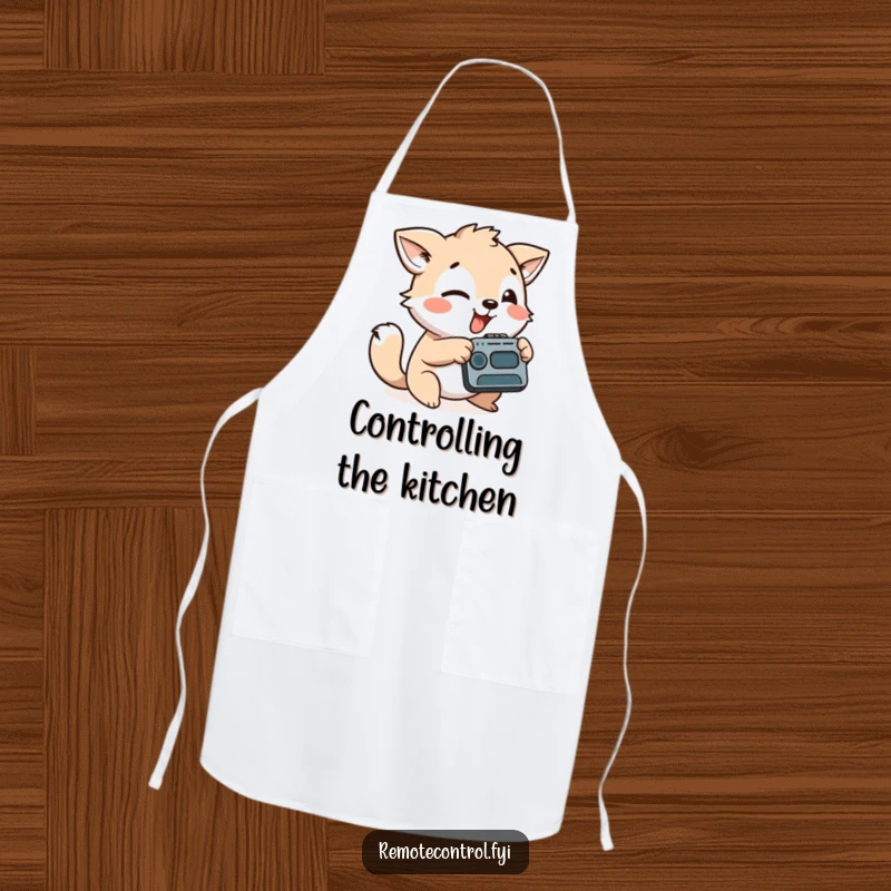 Funny apron with a playful animal character aiming a remote control with a silly face, perfect for controlling kitchen adventures.