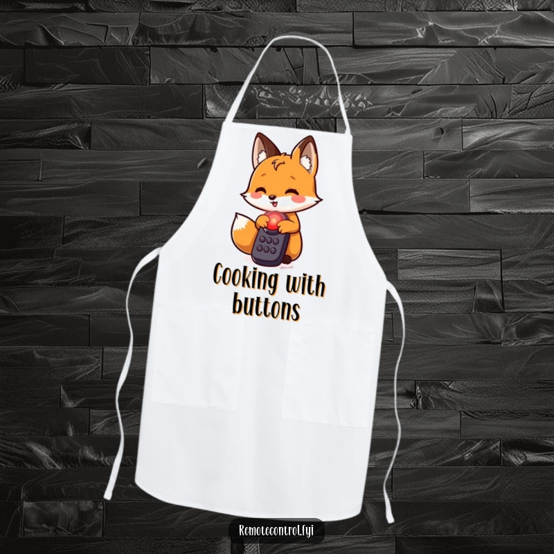 Funny fox apron, a sly fox character prepares to push a glowing red button on a remote, adding humor to the kitchen.