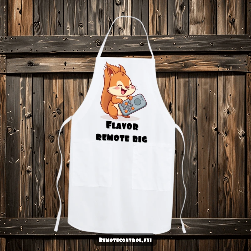 Funny squirrel apron, a delighted squirrel trying to operate a giant oversized remote, great for kitchen fun.