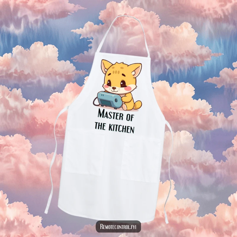 Funny apron with a curious animal character examining a remote control with intense interest, ready for kitchen explorations.