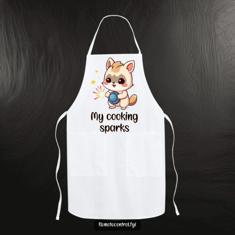 Funny apron with a mischievous animal character pressing a button that erupts in colorful sparks, ready for kitchen fun.