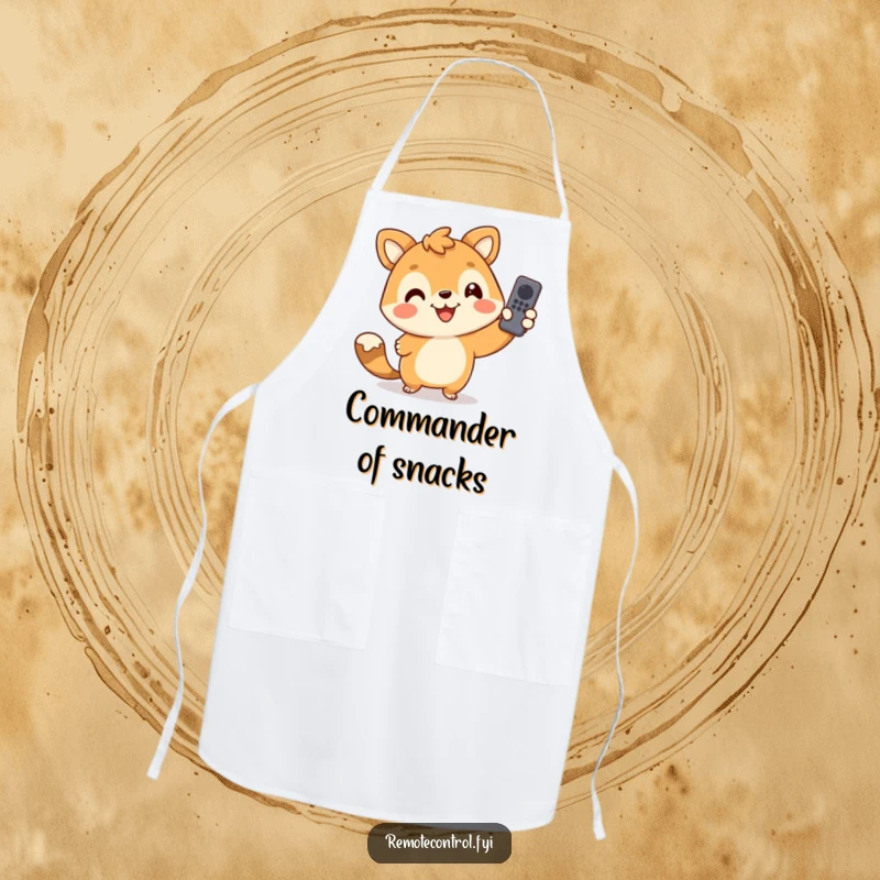 Funny apron featuring a happy animal character wielding a remote control while cooking, adding a playful twist to kitchen duties.