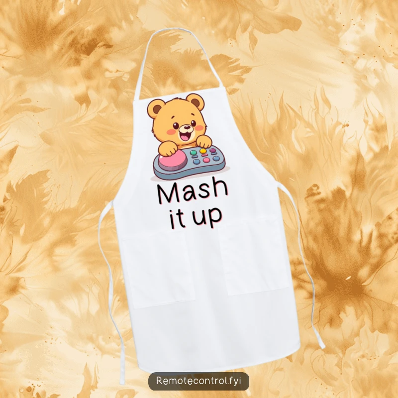 Funny bear cub apron, a happy cub enthusiastically mashing a giant button on a remote, great for kitchen fun.