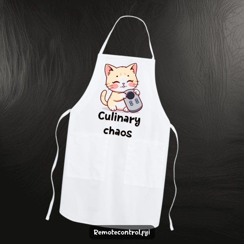 Funny Kawaii Cat Apron with a playful cat batting at a button on a remote control, for the kitchen cat commander.