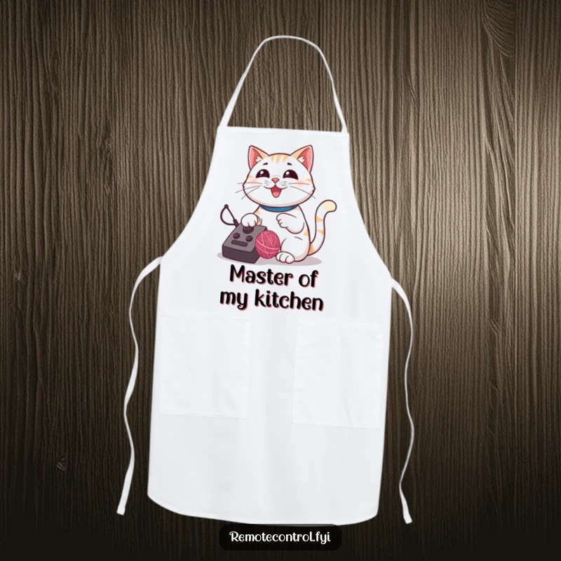 Funny cat apron showing a proud cat using a remote control to direct a bouncing yarn ball in the kitchen.