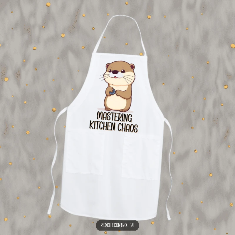 Funny curious otter pressing buttons on an invisible remote, on a humorous and practical kitchen apron.