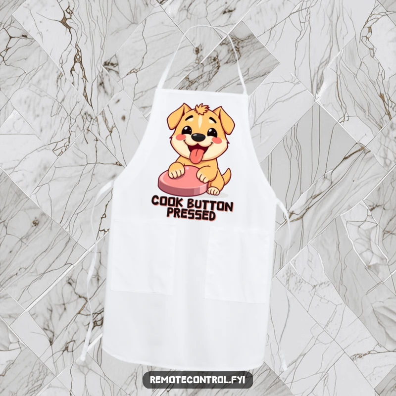 Funny apron showing a happy dog with its tongue out, enthusiastically pressing a large button, ready to create culinary magic.