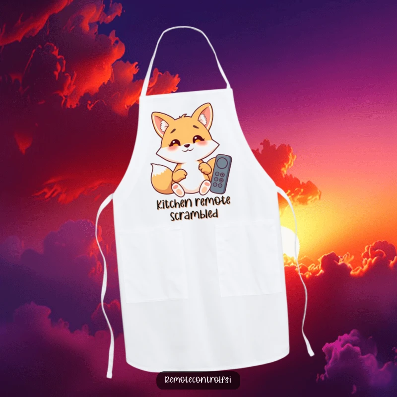 Funny giggling fox with wide, astonished eyes, struggling with multiple remote controls, while wearing a comical chef apron.