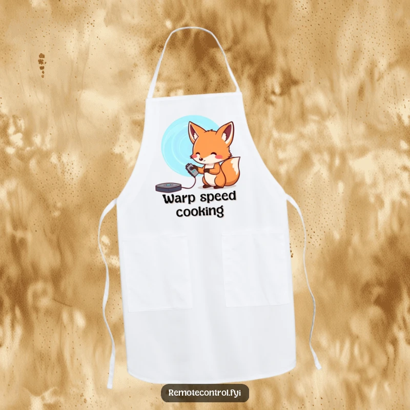 Funny fox apron, showing a curious fox with a remote pointing at a swirling portal, great for cosmic cooking.