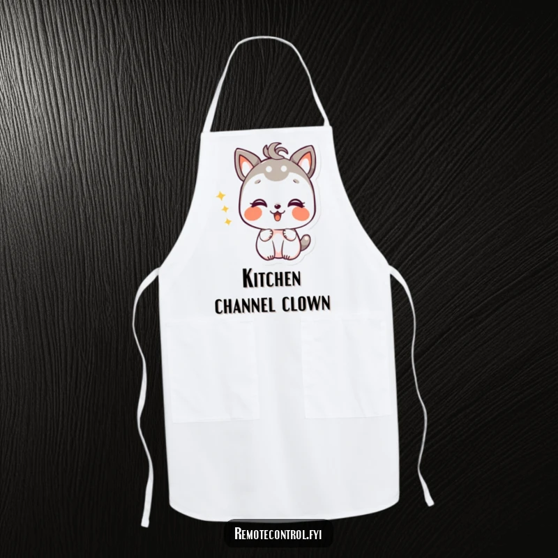 Funny apron showcasing a giggling animal character with mischievous delight, changing channels while presumed to be cooking.