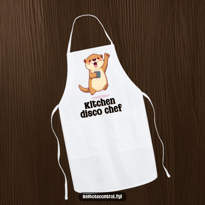 Funny apron showing a jumping otter holding a remote, making virtual characters dance, a humorous kitchen accessory.