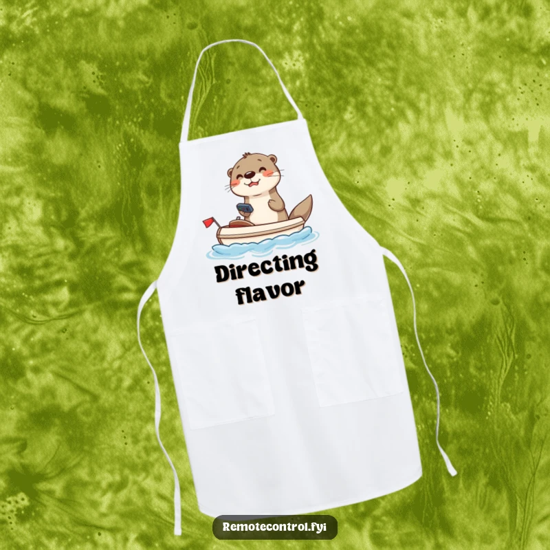 Funny otter apron showing a joyful otter using a remote to steer a toy boat, a humorous kitchen accessory.
