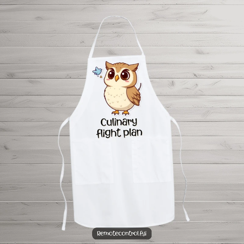 Funny apron showing a surprised owl holding a remote, looking at a flying symbol, a humorous kitchen accessory.