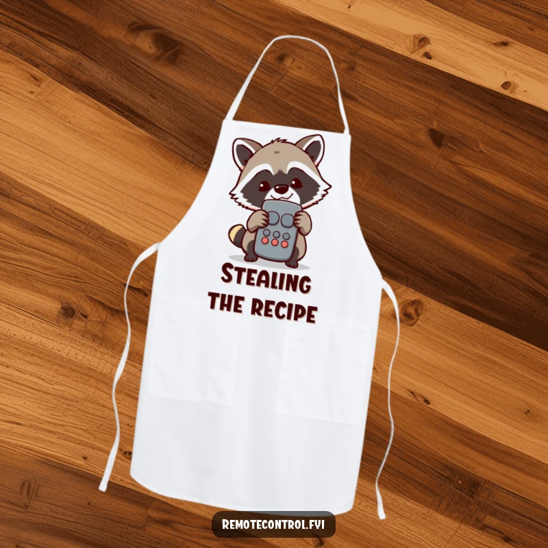 Funny Raccoon Apron: Mischievous raccoon character hiding behind a TV remote with a sly grin, ideal for a cook who controls the kitchen.