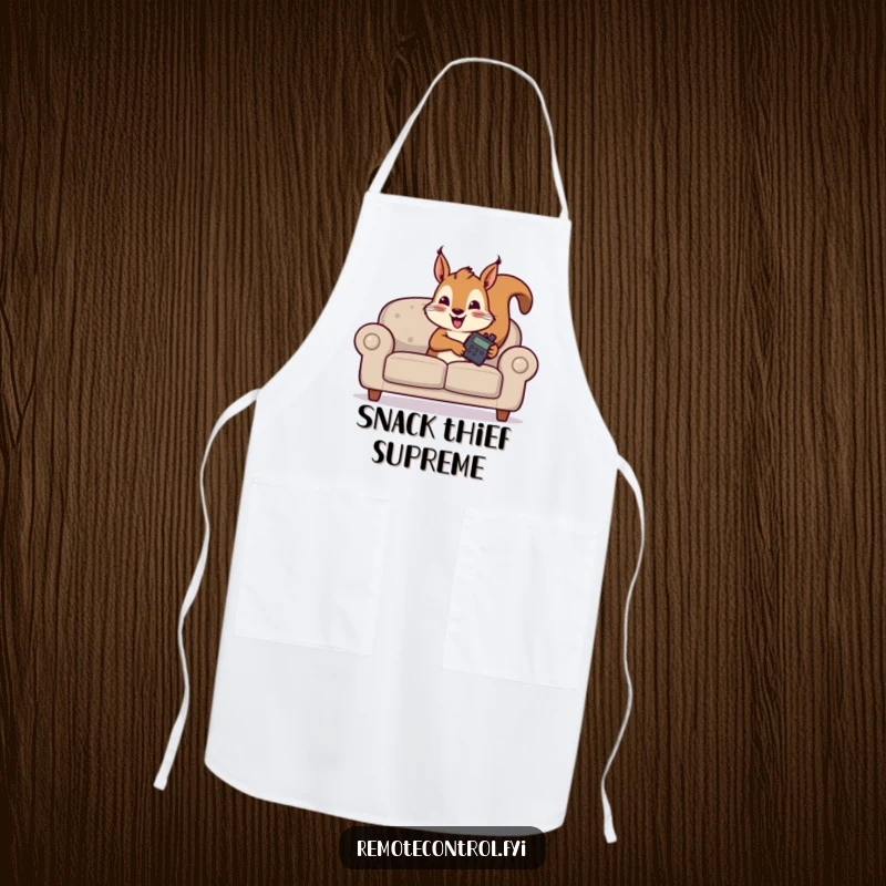 Funny apron illustration of a squirrel hiding behind a sofa, clutching a TV remote during a kitchen raid.