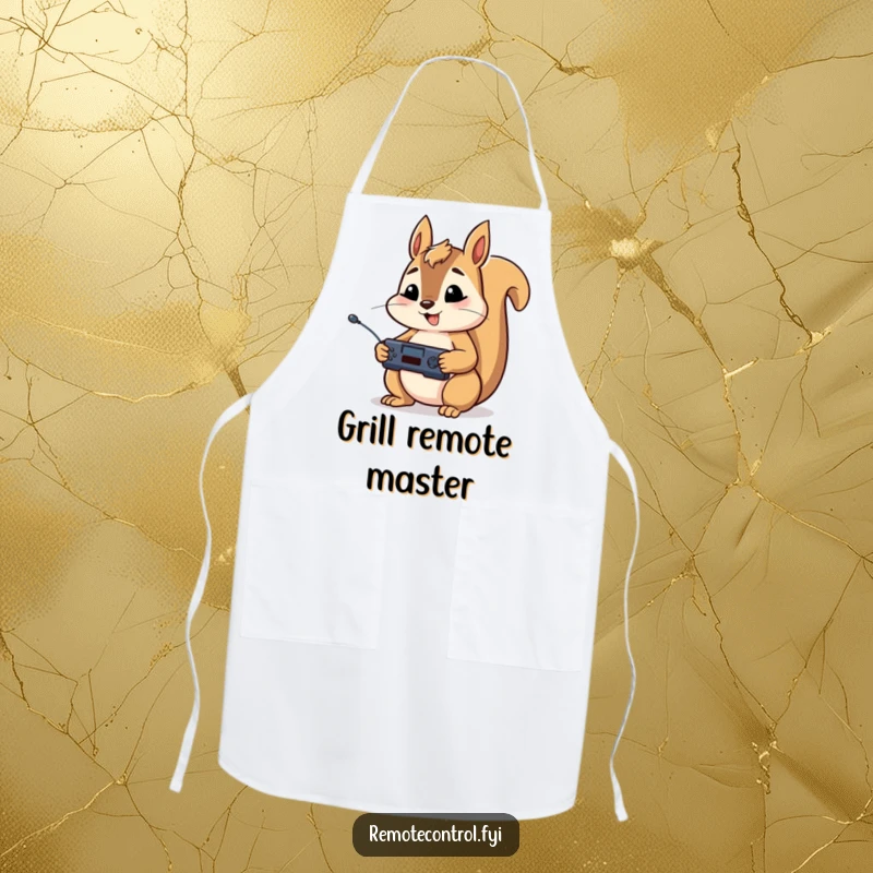 Funny apron with a happy squirrel character holding a remote control in both paws, looking intently ready for kitchen duty.