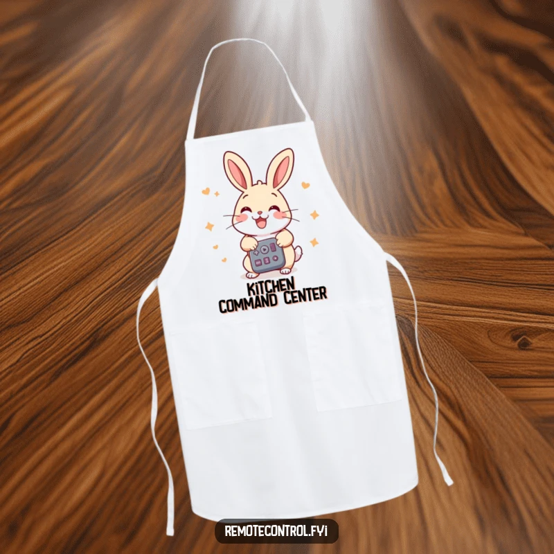 Funny rabbit apron, a cheerful rabbit pressing multiple buttons on a remote with great energy, perfect for enthusiastic cooking.