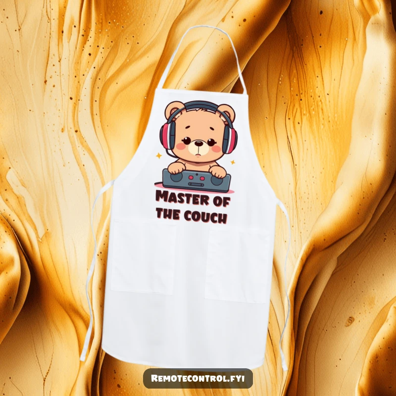 Funny apron showing a bear with headphones, intensely watching a remote, ready to cook up a storm with humorous focus.