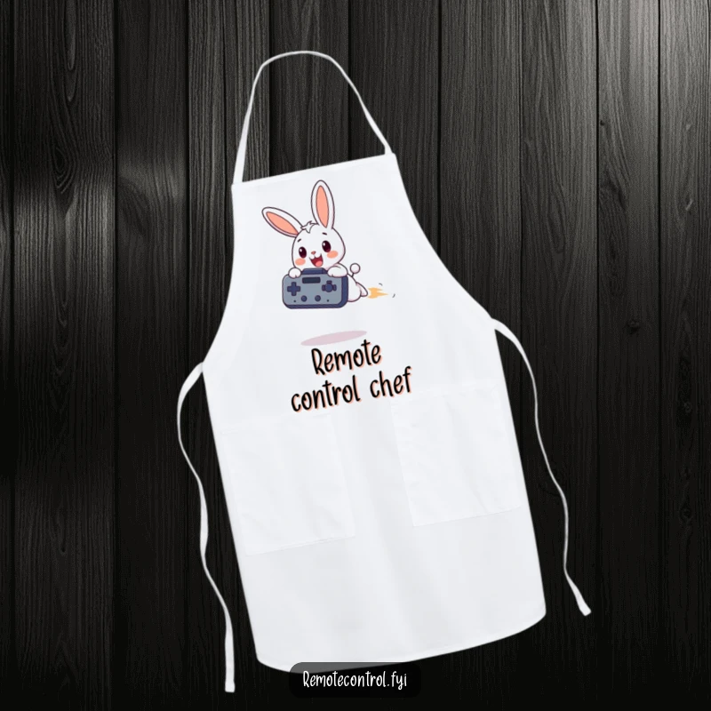 Funny bunny apron, a happy bunny character zooms with a giant remote control, ready to guide your culinary adventures with humor.