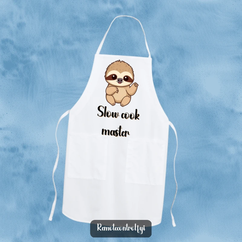 Funny content sloth slowly pushing a button with a single finger, on a humorous and practical kitchen apron.