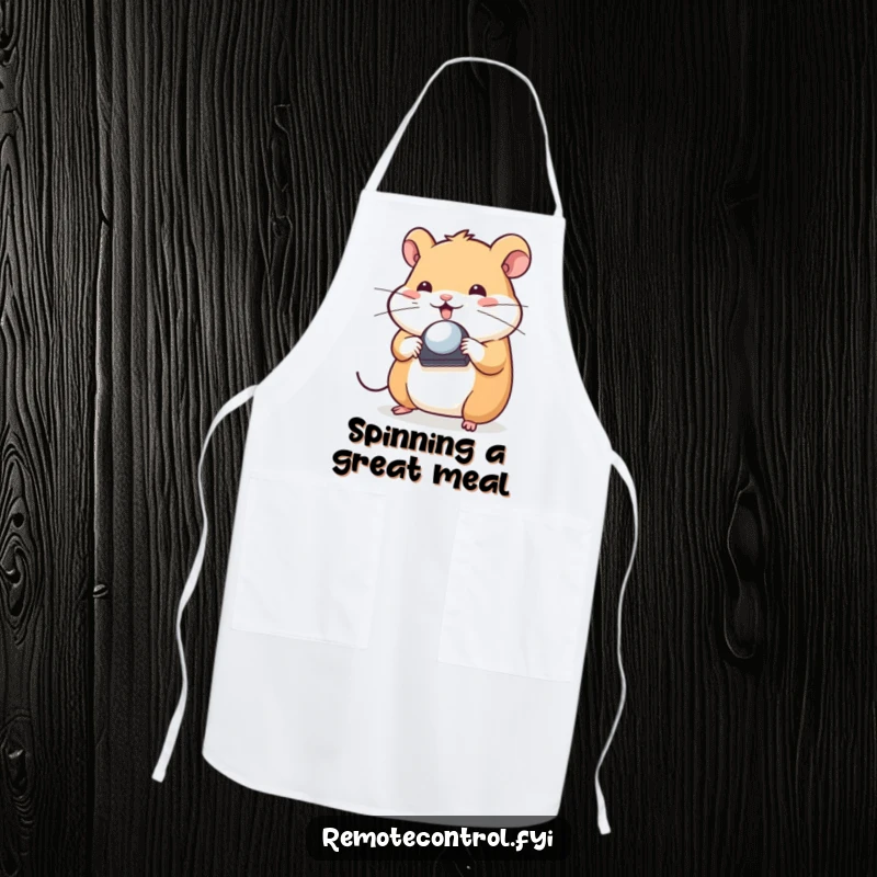 Funny Hamster Apron: Playful hamster character spinning a TV remote control on its nose, ideal for a cook who enjoys unique skills.