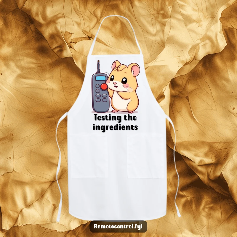 Funny hamster apron showing a curious hamster poking a remote control button, a humorous kitchen accessory.