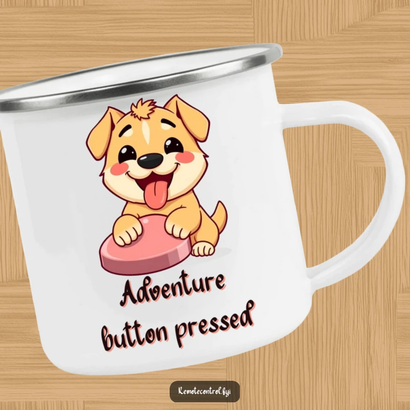 Funny enamel camping mug with a happy dog, tongue out, enthusiastically pressing a large button, ready for campfire fun.