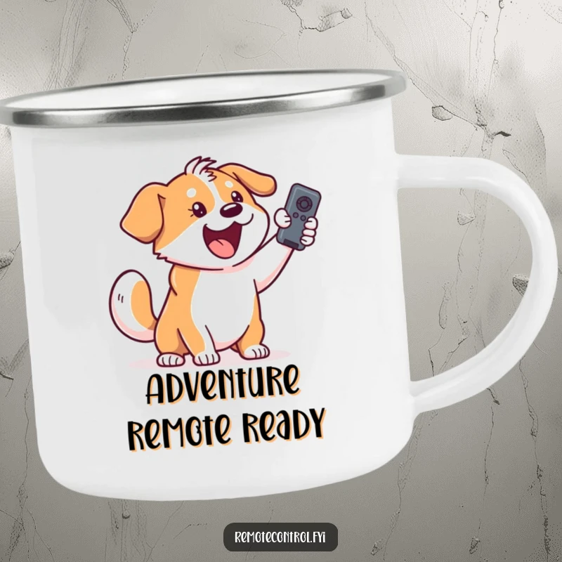 Funny dog camping mug: an excited dog holding a remote control, ready for outdoor fun.