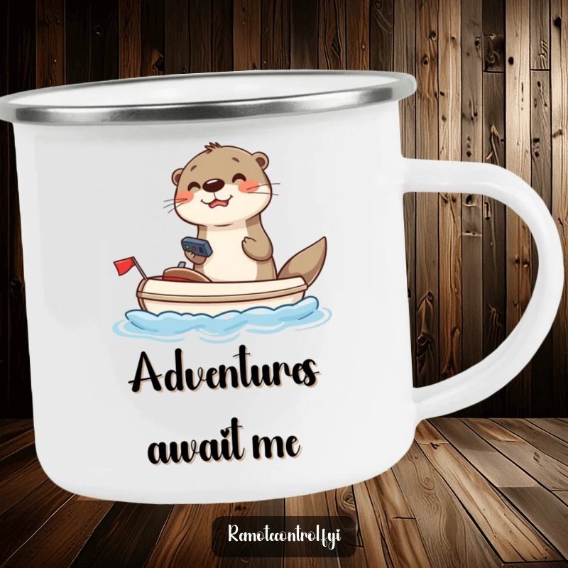 Funny otter camping mug depicting a joyful otter using a remote to steer a toy boat, a humorous outdoor accessory.