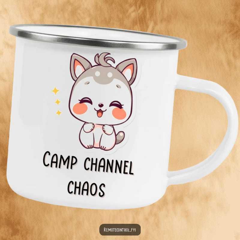 Funny camping mug featuring a giggling animal character with mischievous glee, changing channels during an outdoor adventure.