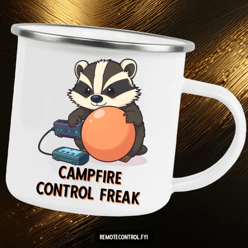Funny determined badger controlling a rolling ball with a remote on a durable camping mug.