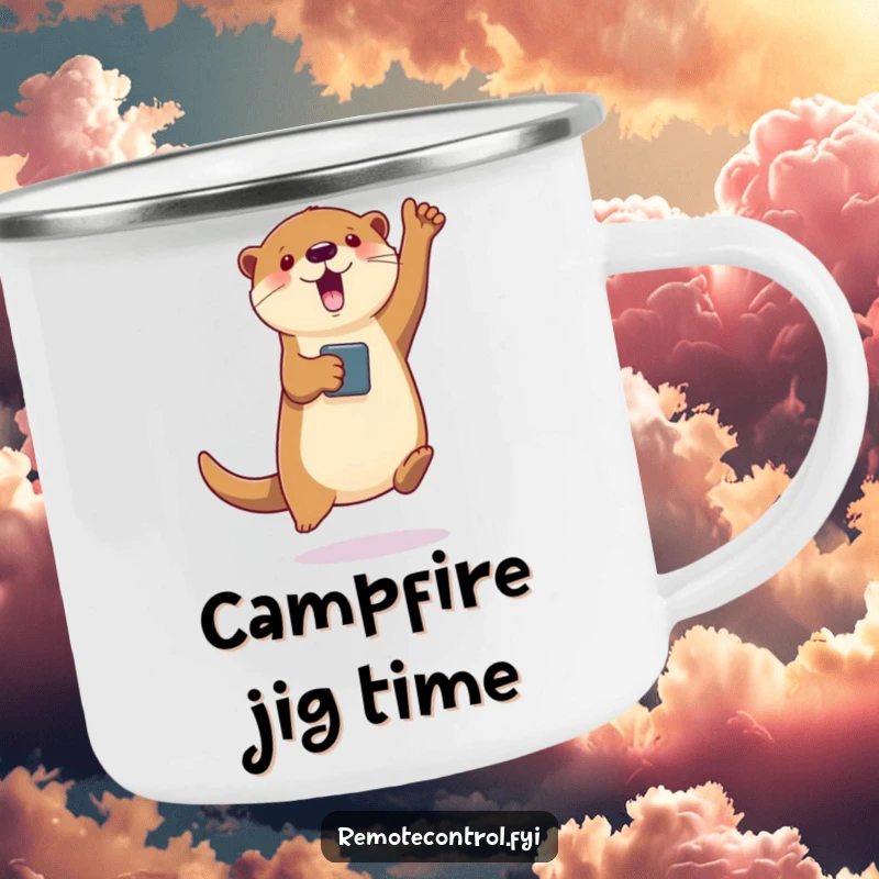 Funny camping mug with a jumping otter holding a remote, making virtual characters dance in an outdoor setting.
