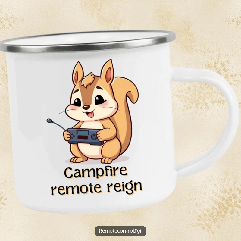 Funny camping mug showing a happy squirrel character holding a remote control in both paws, looking concentrated in the wild.