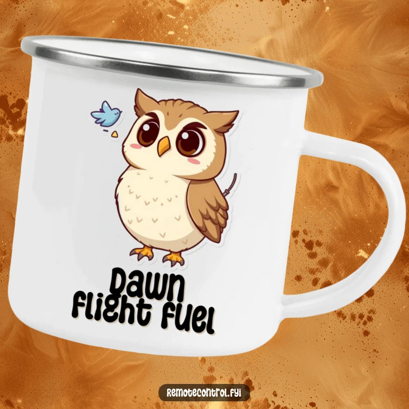Funny camping mug with a surprised owl holding a remote, looking at a flying symbol, for nocturnal observation.