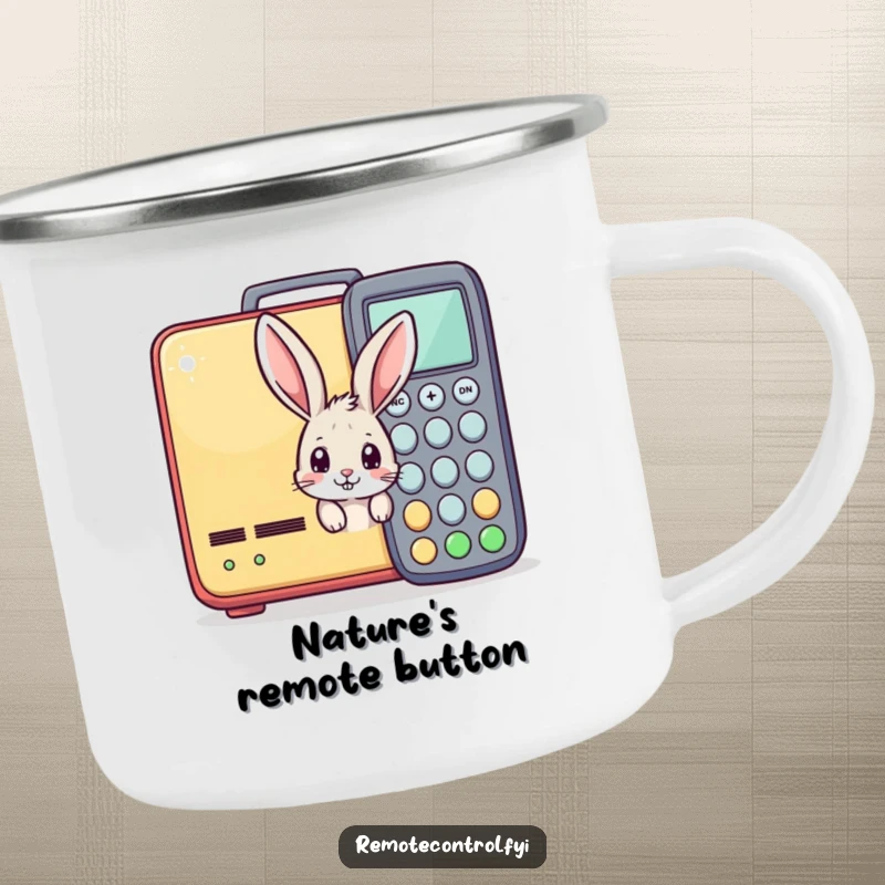 Funny camping mug with a curious bunny peeking from behind a giant remote, perfect for outdoor humor and drinks.