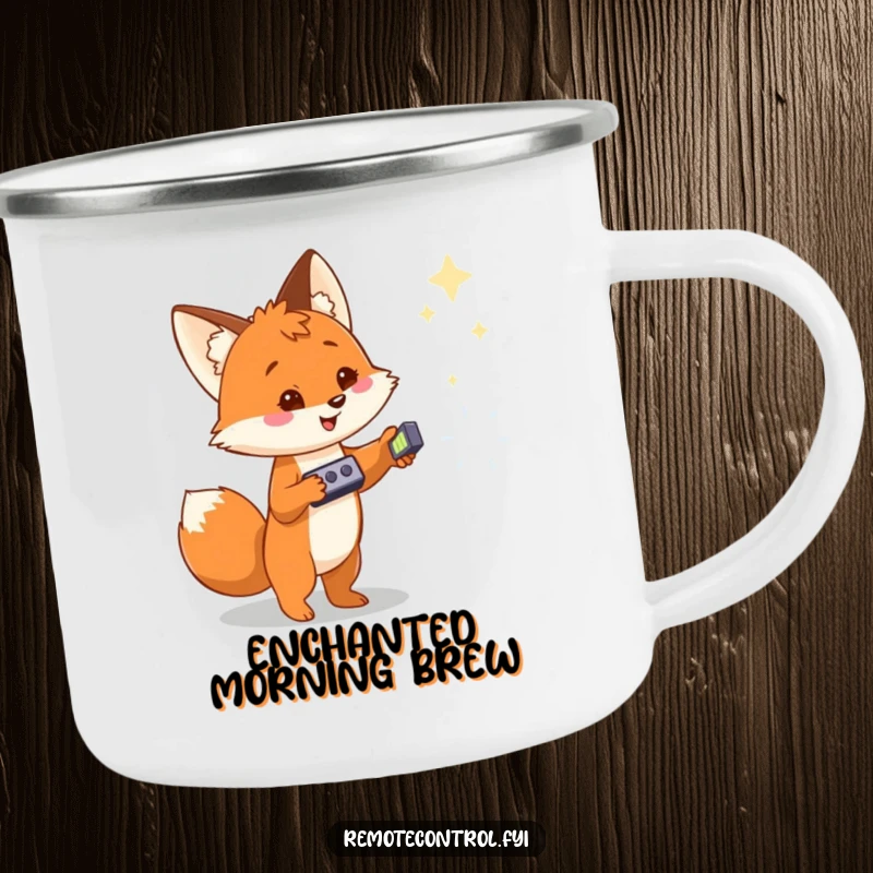 Funny camping mug with a cheerful fox holding a remote, pointing at a magical object, for outdoor adventures.