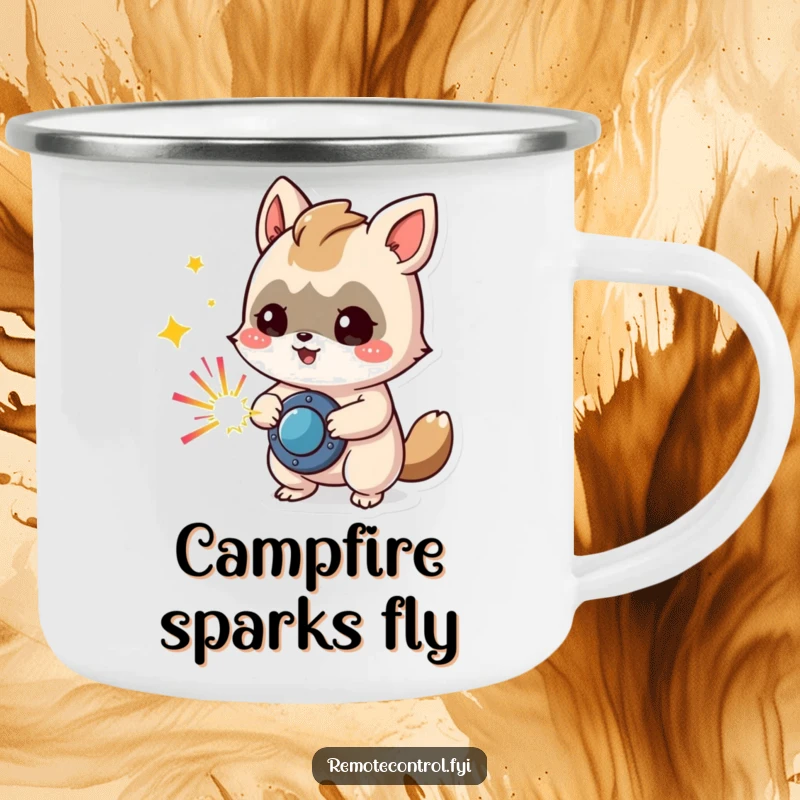 Funny camping mug showing a mischievous animal character pressing a button that releases colorful sparks, perfect for campfire tales.