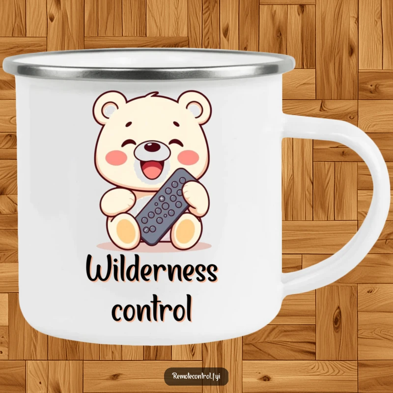 Funny Kawaii Bear Camping Mug shows a grinning bear holding a remote control with many buttons, ready for outdoor command.
