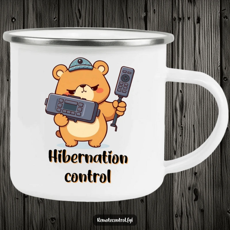 Funny bear character holding a giant TV remote with intense seriousness on a camping mug, illustrating a humorous twist on outdoor command.