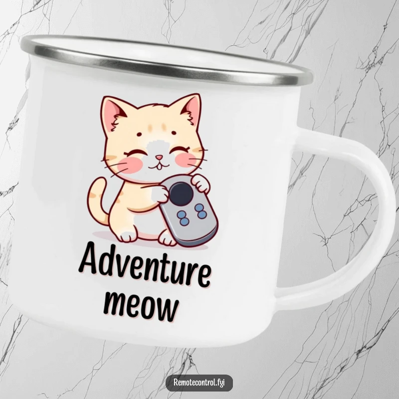 Funny Kawaii Cat Camping Mug shows a playful cat batting at a button on a remote control, ready for outdoor fun.