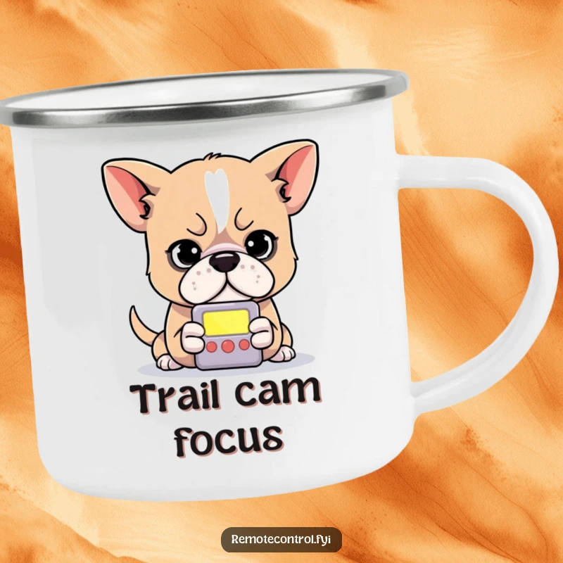 Funny dog camping mug showing a determined dog intently focused on the small, glowing screen of a remote control.