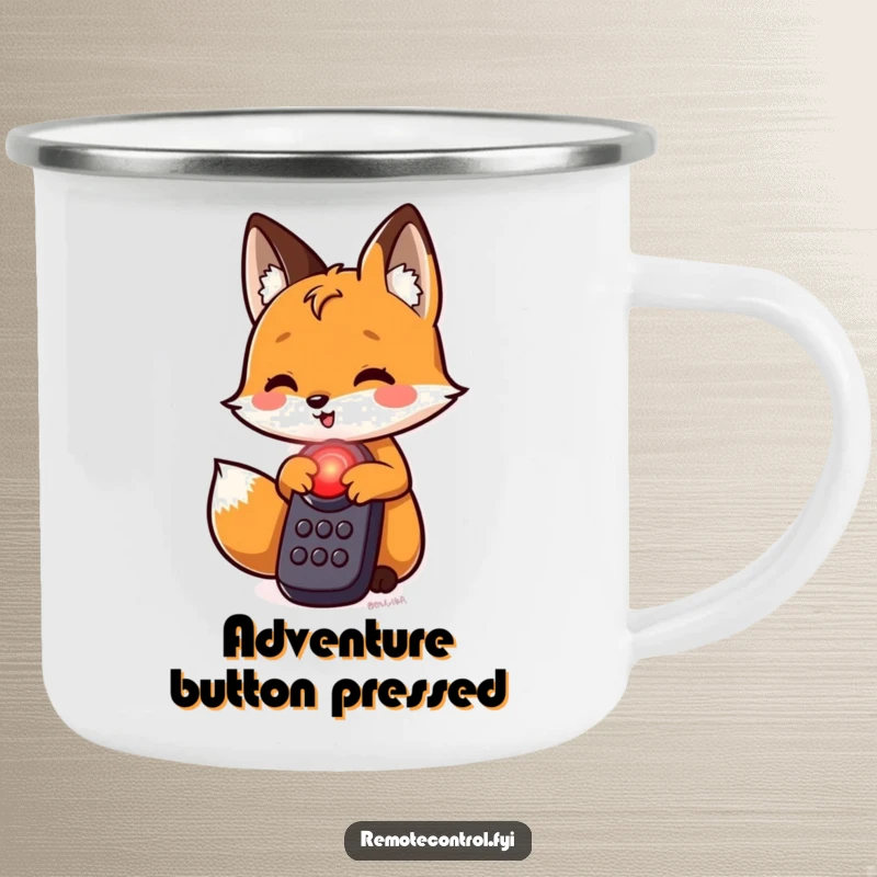 Funny fox camping mug, a mischievous fox character is about to press a glowing red button on a remote, ready for adventure.