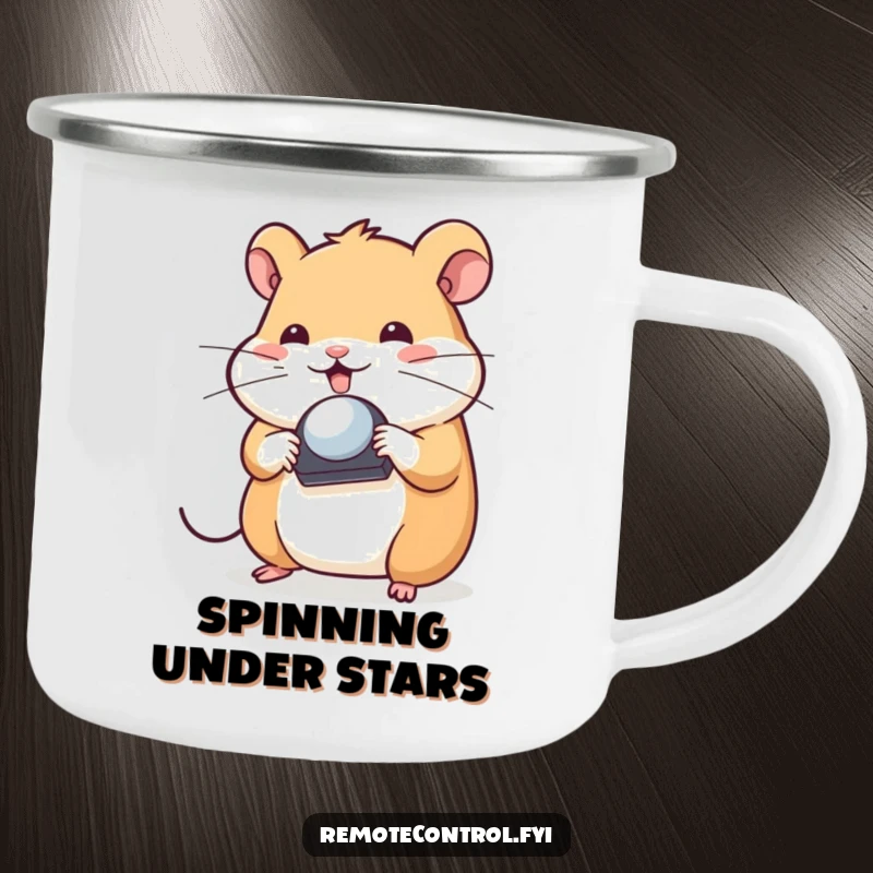 Funny Hamster Camping Mug: Playful hamster character spinning a TV remote control on its nose, ready for outdoor entertainment.